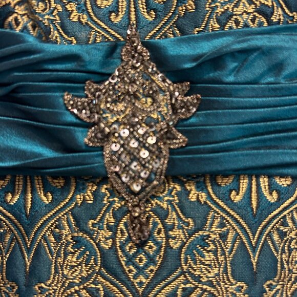 Badgley Mischka Metallic Gold Teal Green Midi Evening Cocktail Dress size 2 - Picture 4 of 4